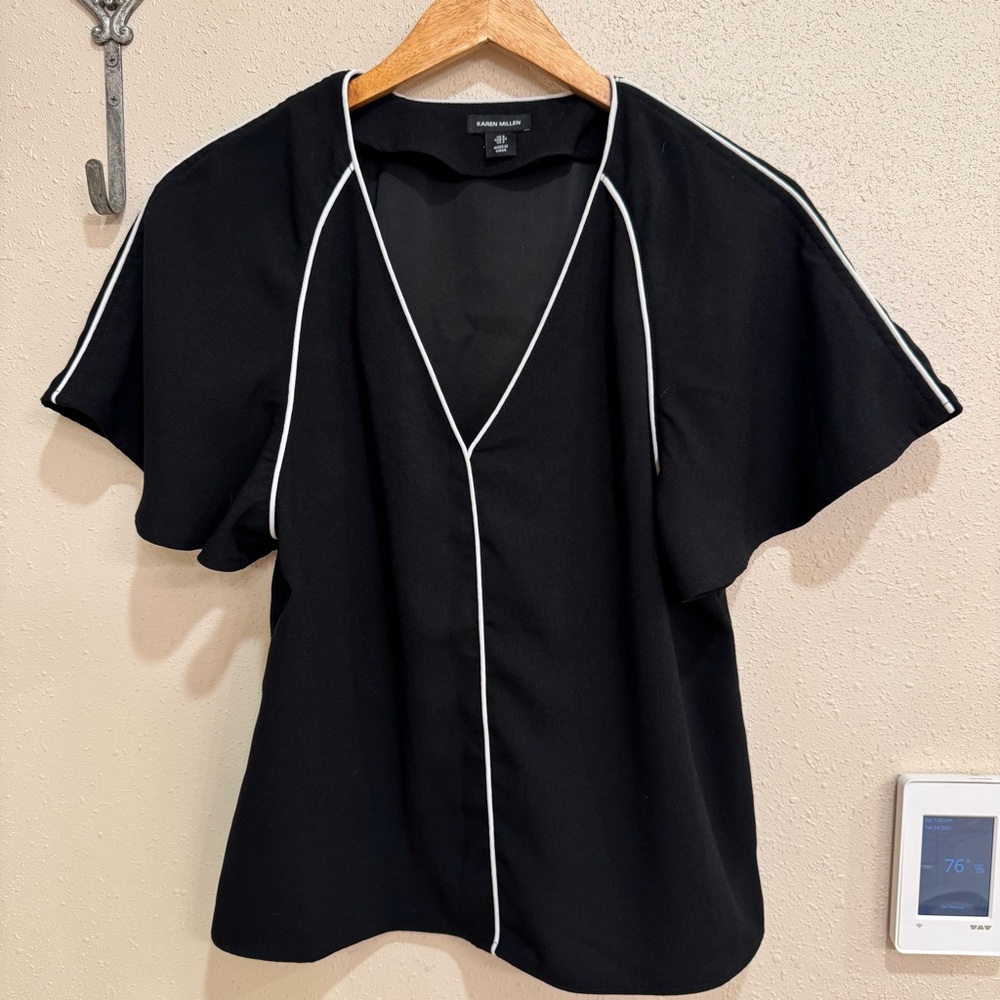 Karen Millen Black V-Neck Blouse with White Trim